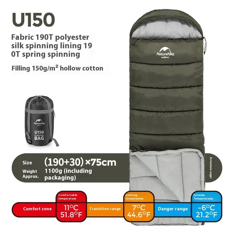 Naturehike envelope hooded sleeping bag in Clay Gray with 190T polyester fabric and hollow cotton filling for cold weather camping