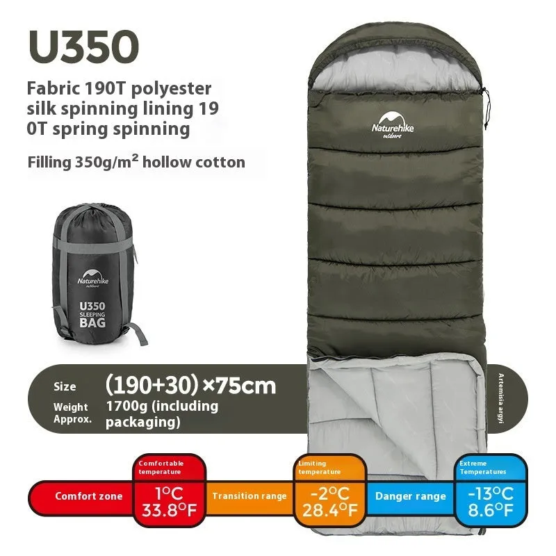 Naturehike envelope hooded sleeping bag in Clay Gray with 190T polyester fabric and hollow cotton filling for cold weather camping
