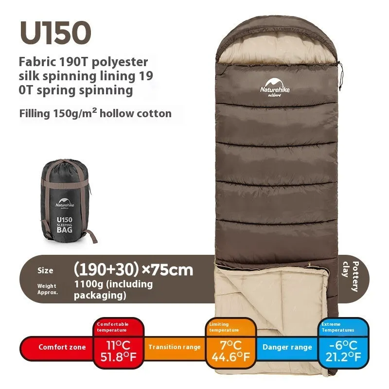 Naturehike envelope hooded sleeping bag in Clay Gray with 190T polyester fabric and hollow cotton filling for cold weather camping