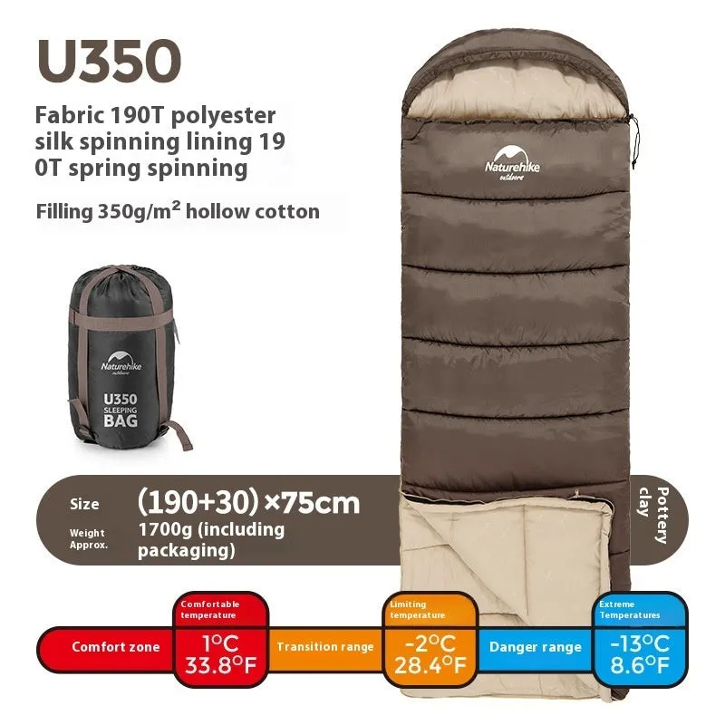 Naturehike envelope hooded sleeping bag in Clay Gray with 190T polyester fabric and hollow cotton filling for cold weather camping