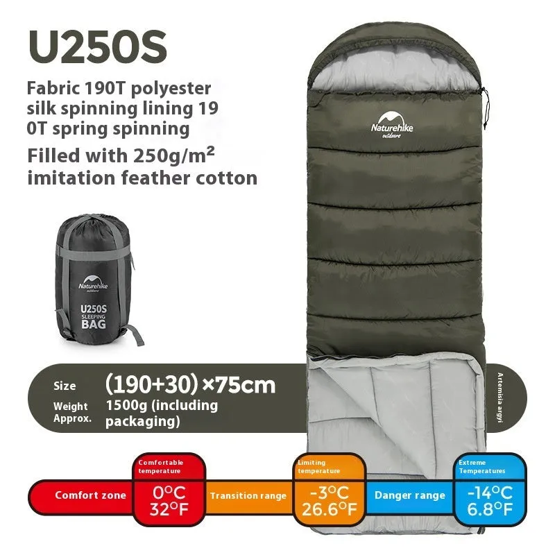 Naturehike envelope hooded sleeping bag in Clay Gray with 190T polyester fabric and hollow cotton filling for cold weather camping
