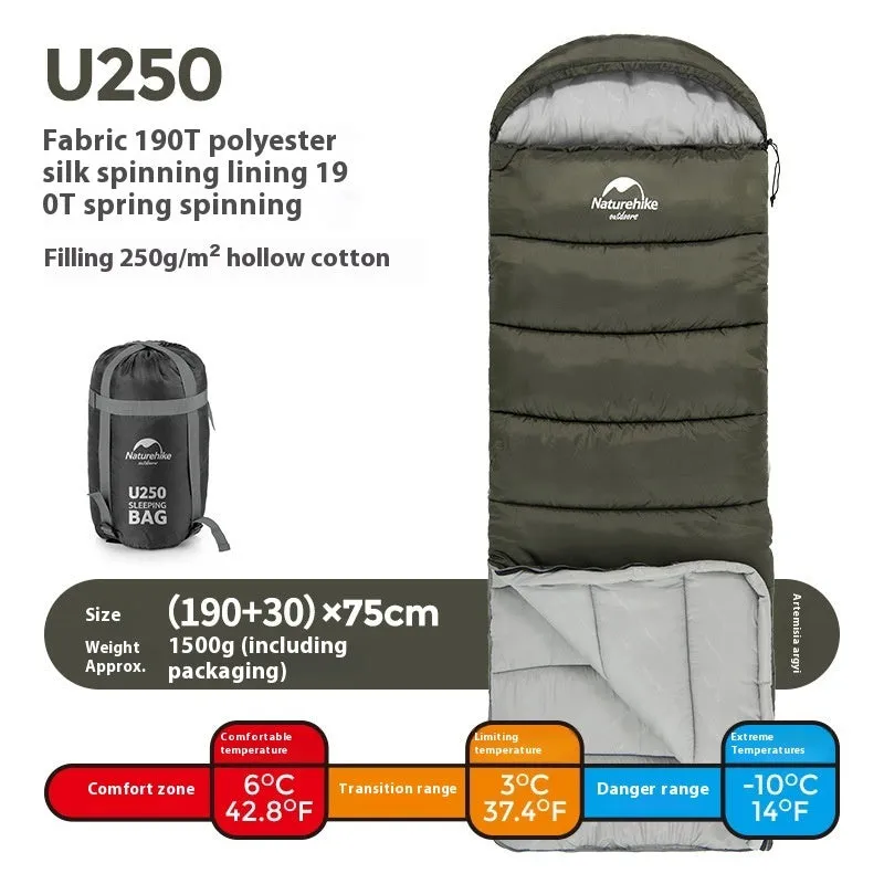 Naturehike envelope hooded sleeping bag in Clay Gray with 190T polyester fabric and hollow cotton filling for cold weather camping