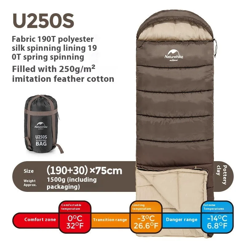 Naturehike envelope hooded sleeping bag in Clay Gray with 190T polyester fabric and hollow cotton filling for cold weather camping