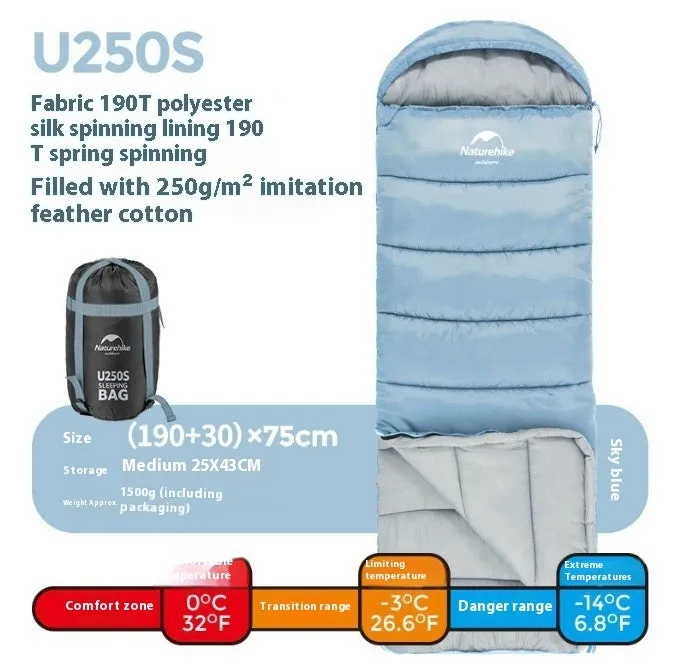 Naturehike envelope hooded sleeping bag in Clay Gray with 190T polyester fabric and hollow cotton filling for cold weather camping