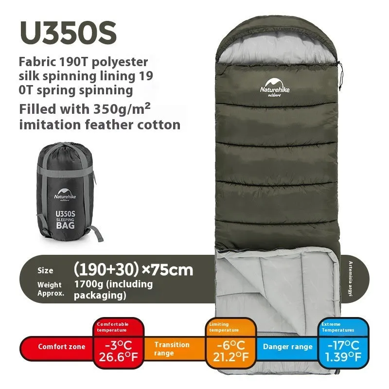 Naturehike envelope hooded sleeping bag in Clay Gray with 190T polyester fabric and hollow cotton filling for cold weather camping
