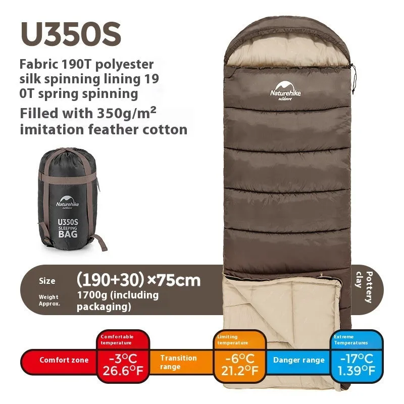 Naturehike envelope hooded sleeping bag in Clay Gray with 190T polyester fabric and hollow cotton filling for cold weather camping