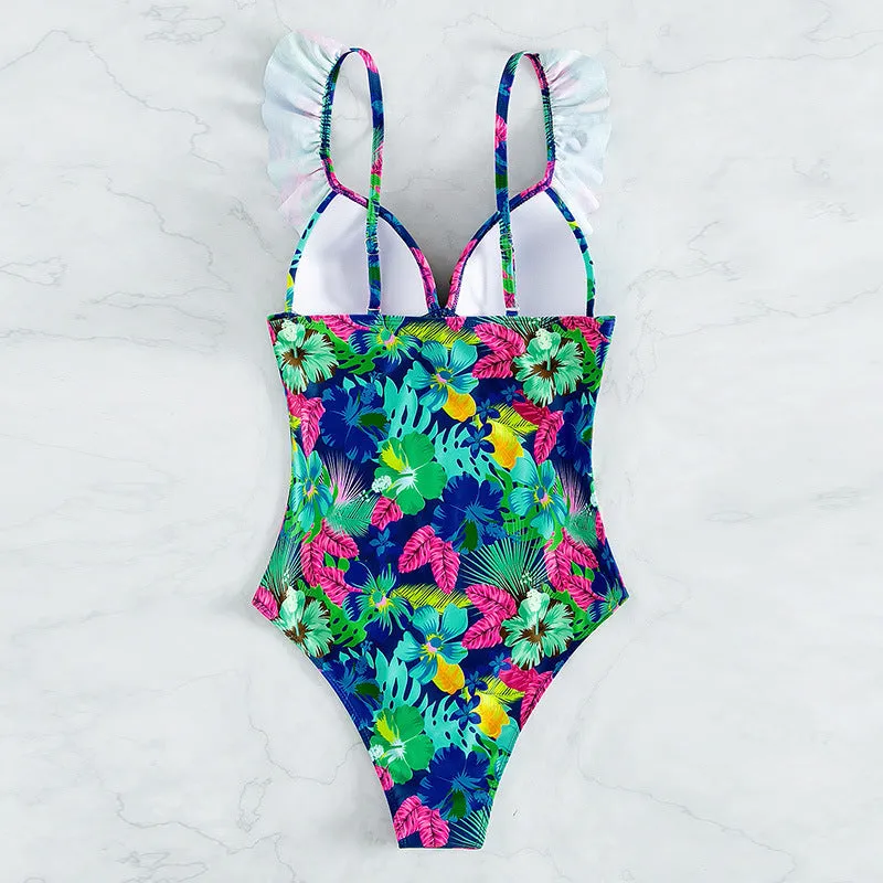 Ruffled printed backless one piece swimsuit women, floral solid colour polyester, sleeveless, sizes S M L XL