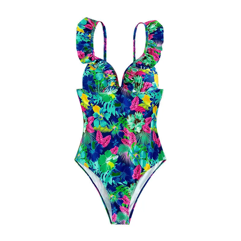 Ruffled printed backless one piece swimsuit women, floral solid colour polyester, sleeveless, sizes S M L XL