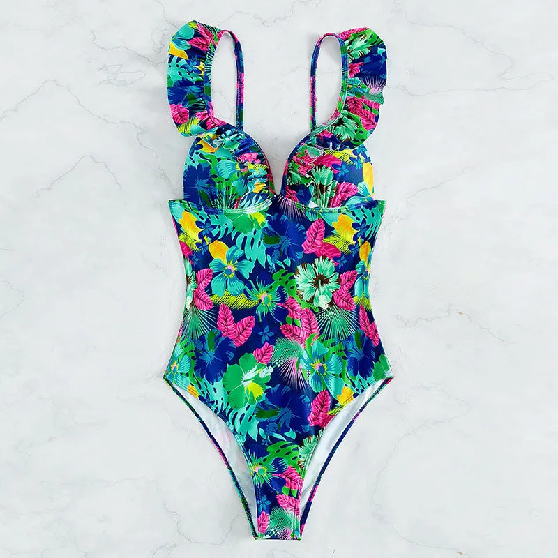 Ruffled printed backless one piece swimsuit women, floral solid colour polyester, sleeveless, sizes S M L XL