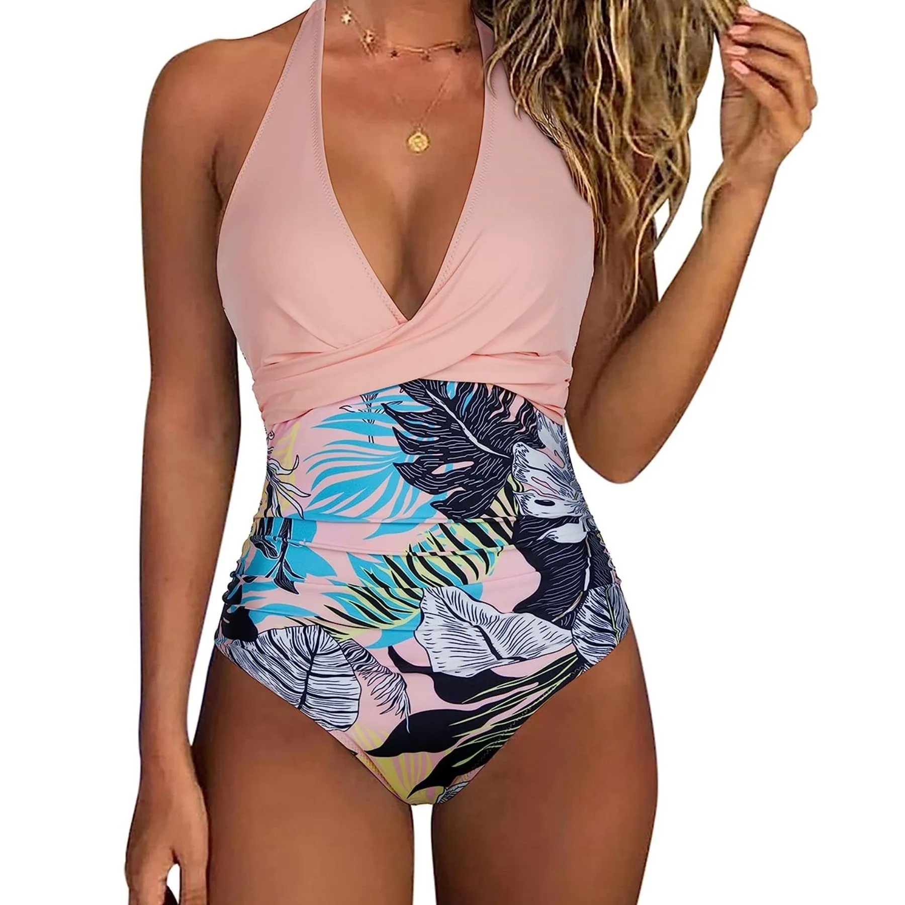 Cross colour matching tight one-piece polyester swimsuit in black and white plaid pattern