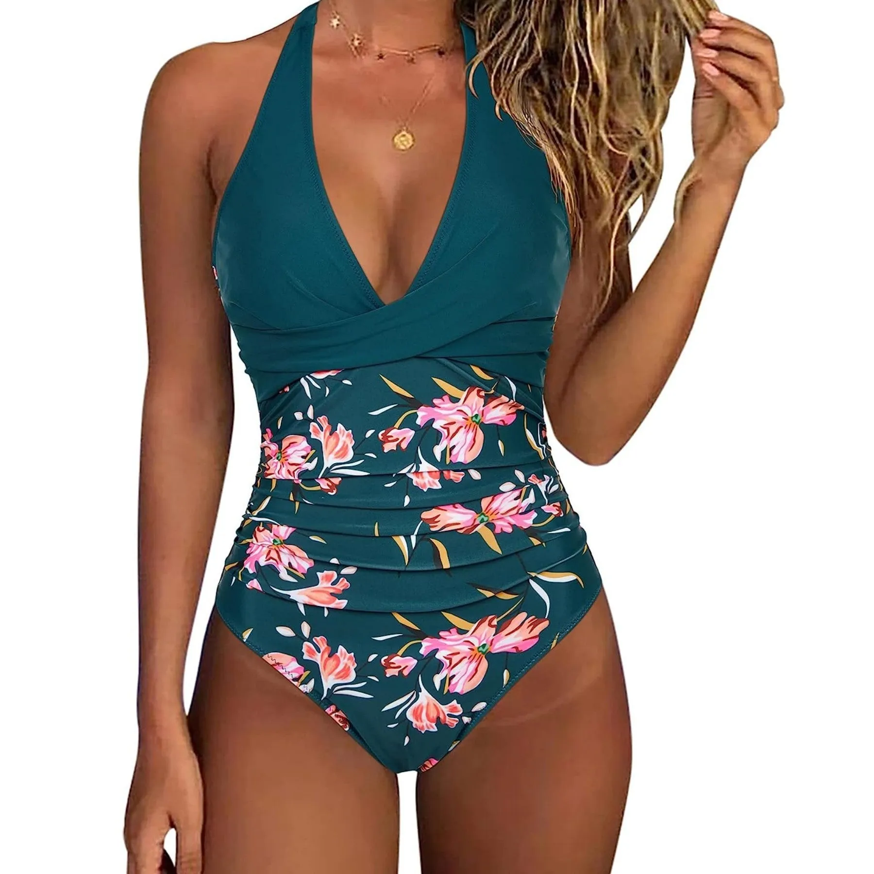 Cross colour matching tight one-piece polyester swimsuit in black and white plaid pattern
