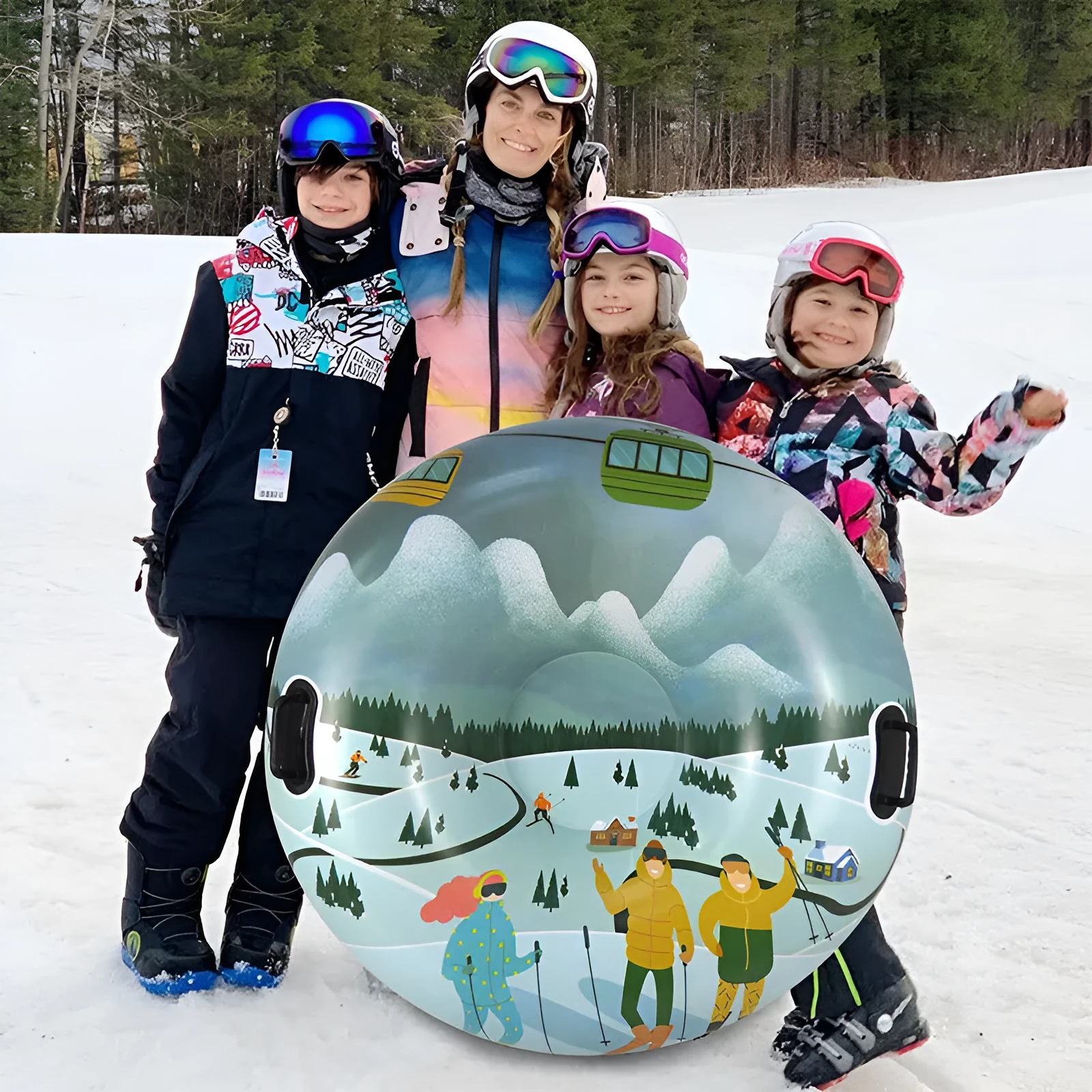 PVC winter ski ring for snow sledding in flame red, snow mountain, or ice-snow blue colour options