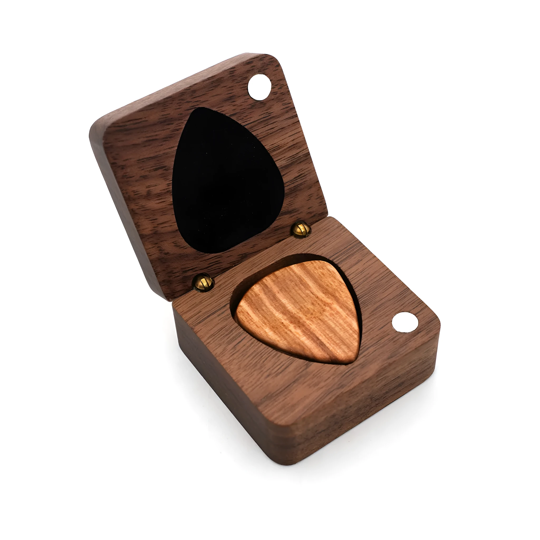 Wooden guitar pick box storage container made from Sapele wood with a brown finish