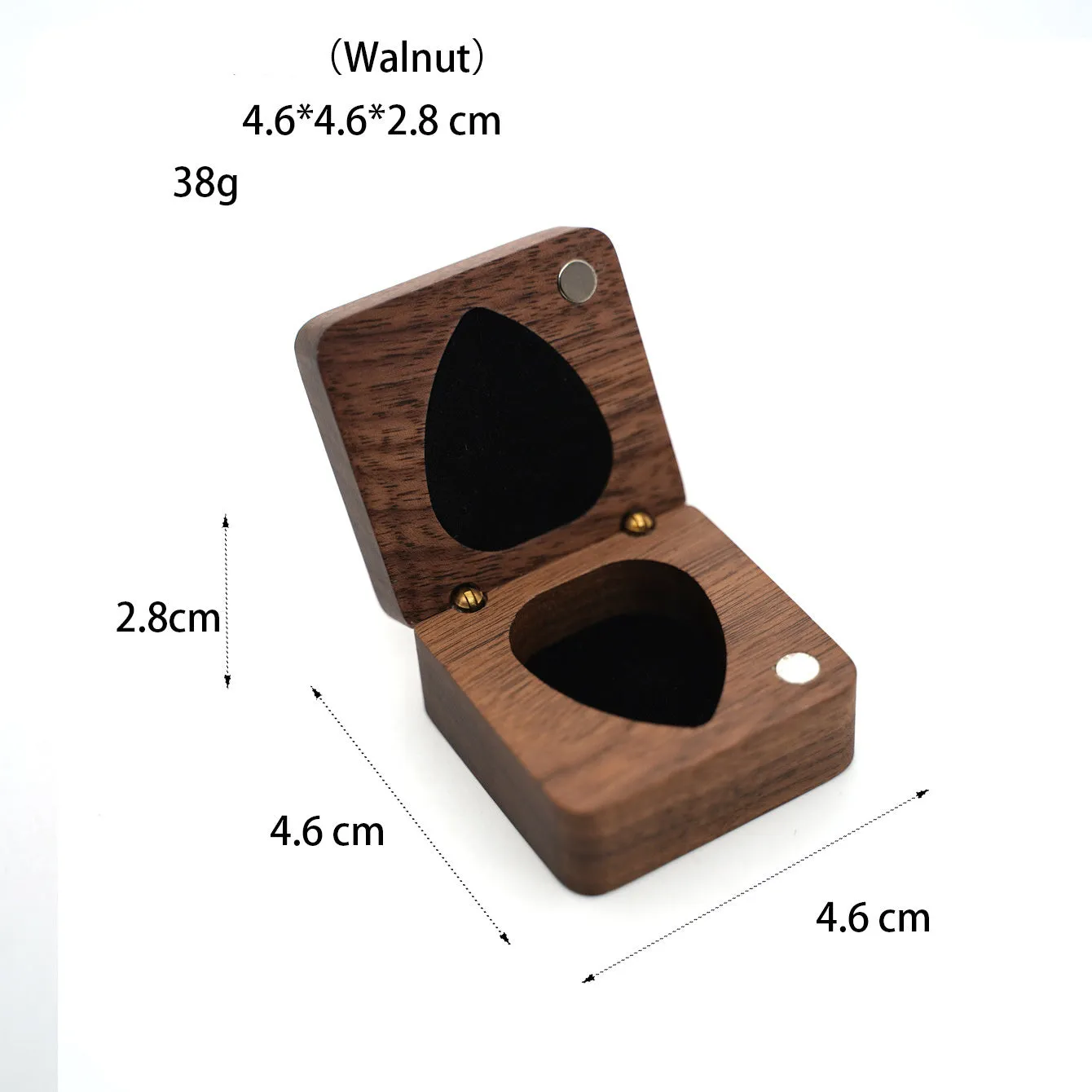 Wooden guitar pick box storage container made from Sapele wood with a brown finish