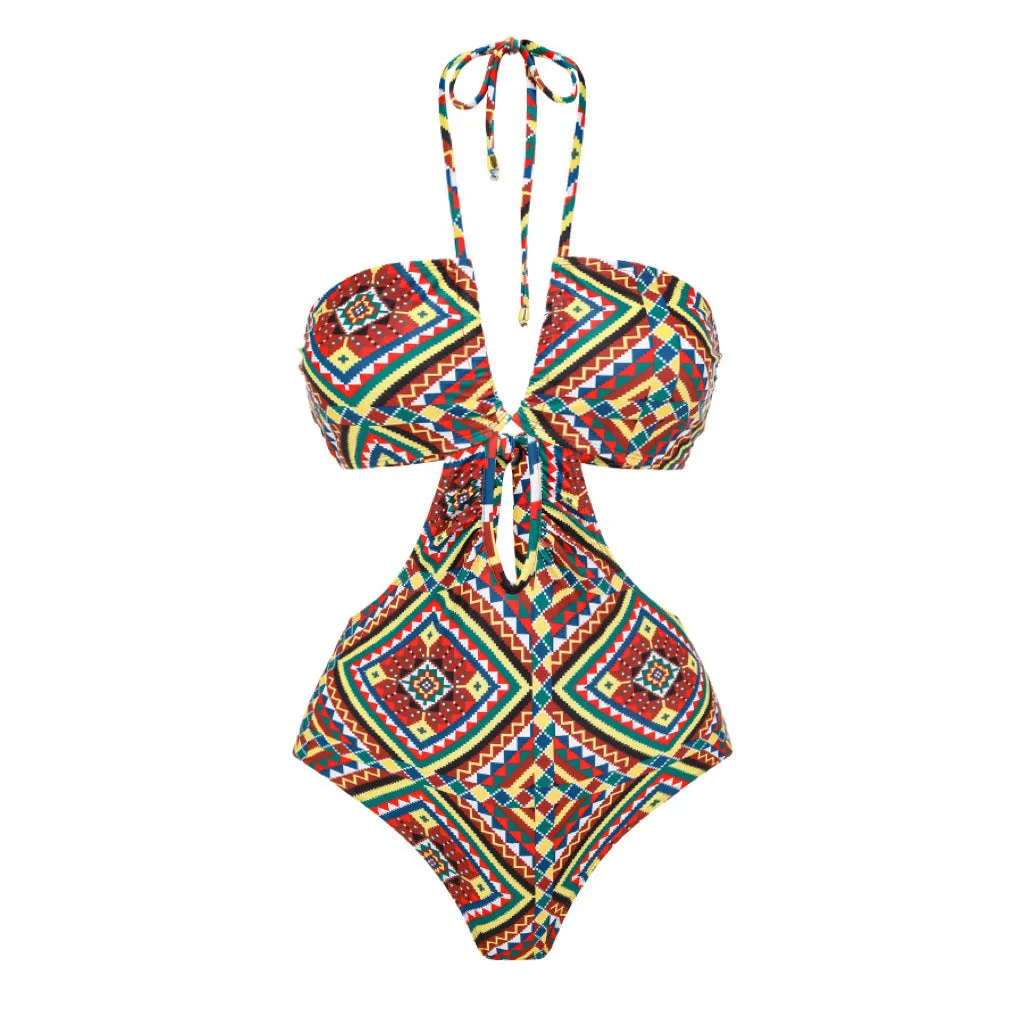 Women's retro floral one-piece polyester swimsuit in summer style