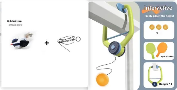 Children's table tennis ball trainer with door frame clip and three balls on elastic cords for indoor practice