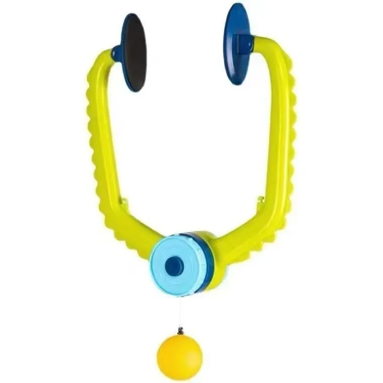 Children's table tennis ball trainer with door frame clip and three balls on elastic cords for indoor practice