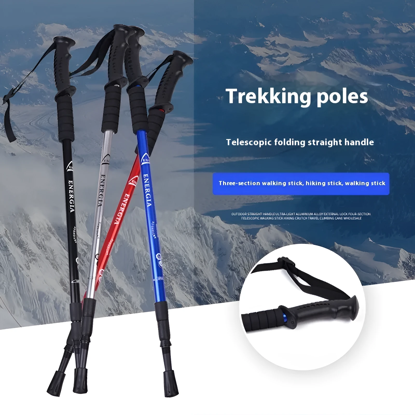 Retractable aluminium alloy walking stick with straight handle, adjustable 65cm to 135cm, in blue on green grass