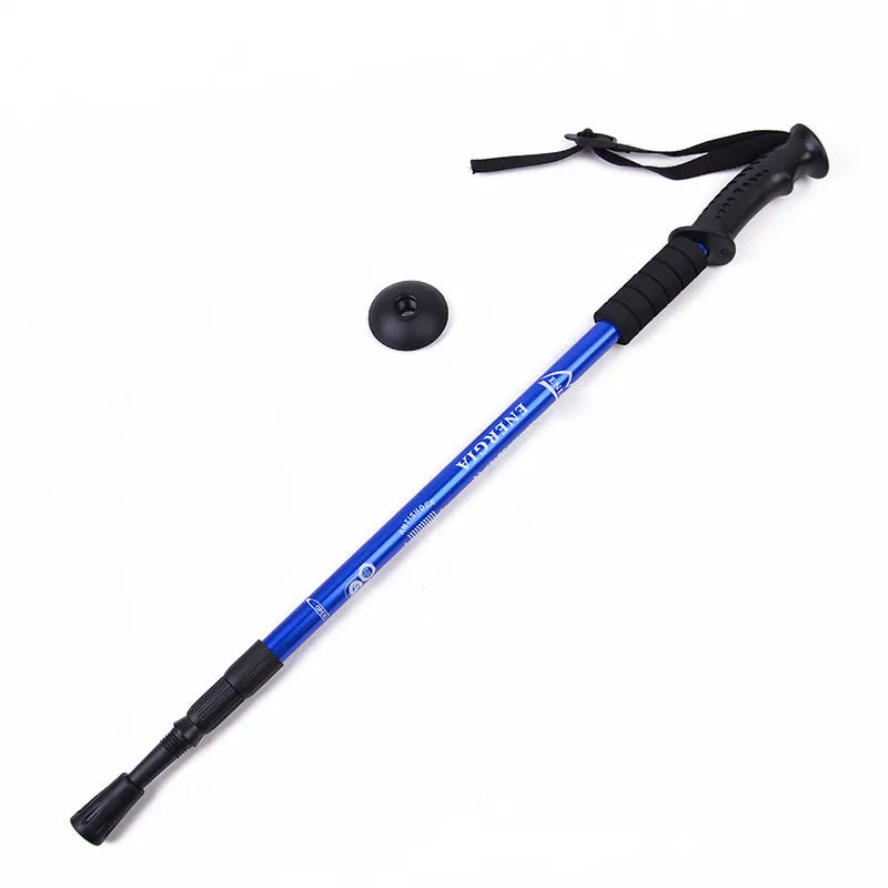 Retractable aluminium alloy walking stick with straight handle, adjustable 65cm to 135cm, in blue on green grass