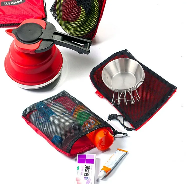 Five Oxford drawstring bags with 200D cloth and mesh in a set for storage and travel