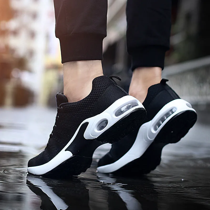 Korean fashion campus style couple running shoes in black, round toe wedge heel, artificial PU upper, slip-on design