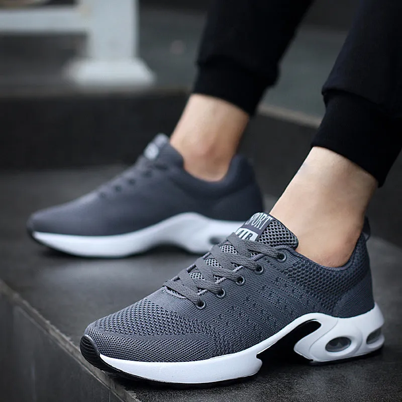 Korean fashion campus style couple running shoes in black, round toe wedge heel, artificial PU upper, slip-on design