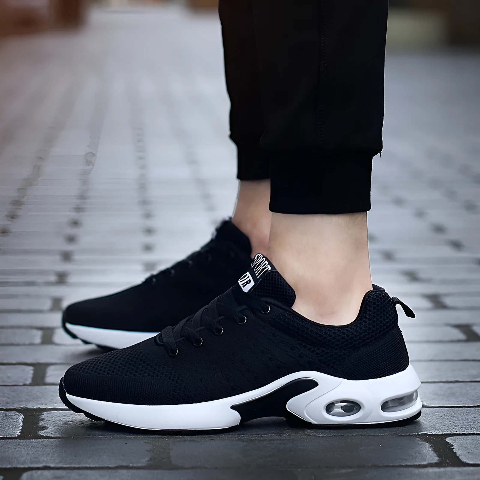 Korean fashion campus style couple running shoes in black, round toe wedge heel, artificial PU upper, slip-on design