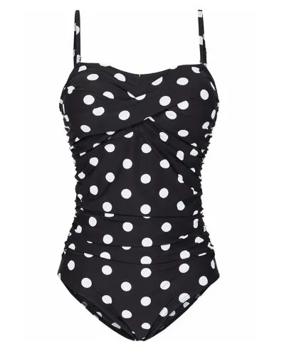 Women's plus-size one-piece swimsuit with open back and steel belt in black, green, and wave point colours