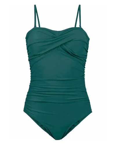 Women's plus-size one-piece swimsuit with open back and steel belt in black, green, and wave point colours