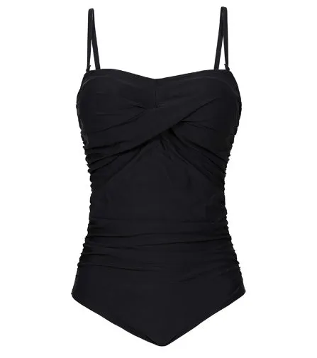 Women's plus-size one-piece swimsuit with open back and steel belt in black, green, and wave point colours