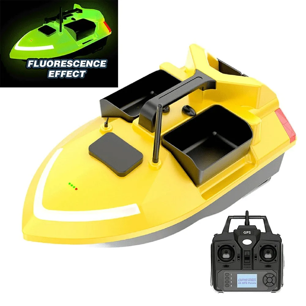 Black GPS remote control fishing boat with antenna on a calm lake