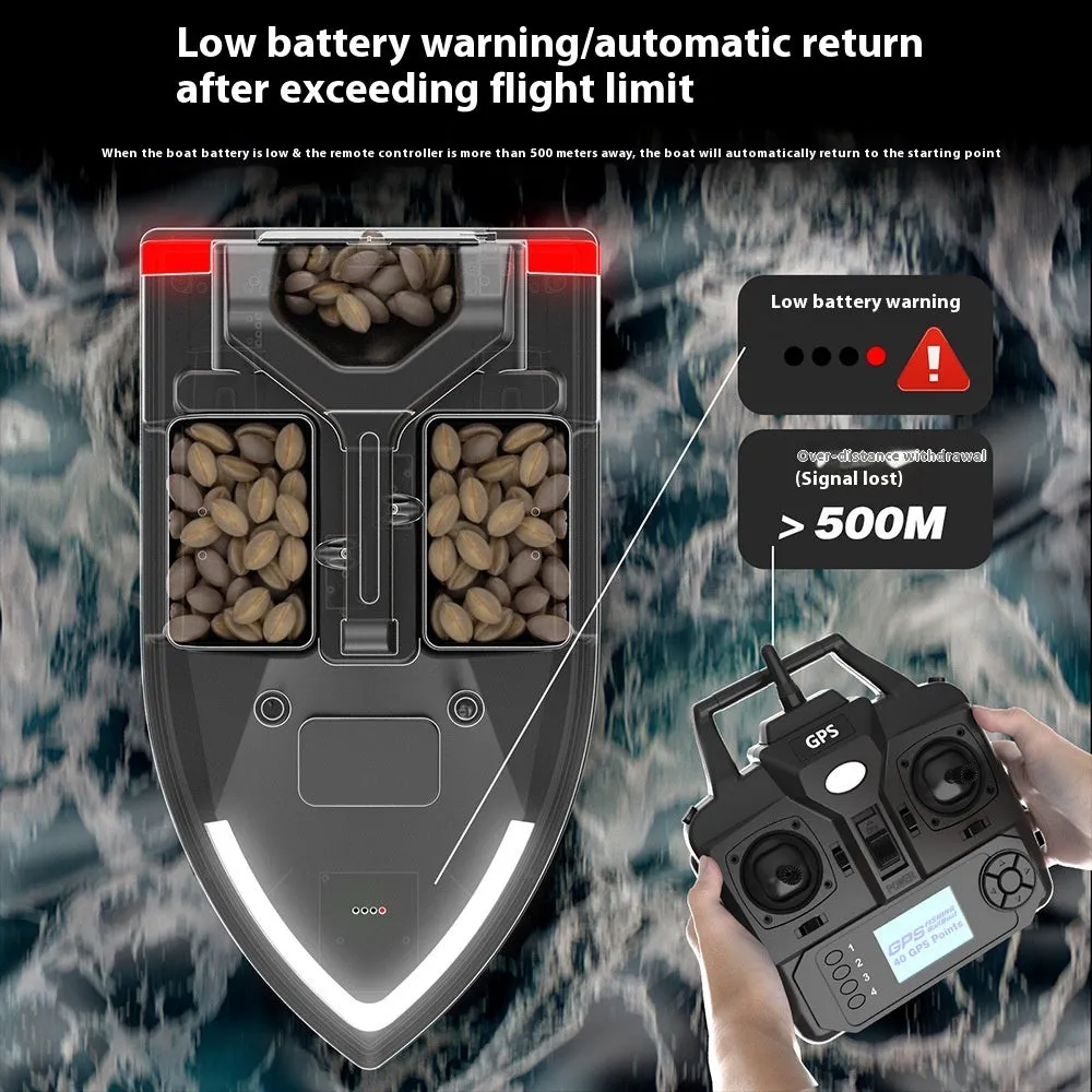 Black GPS remote control fishing boat with antenna on a calm lake