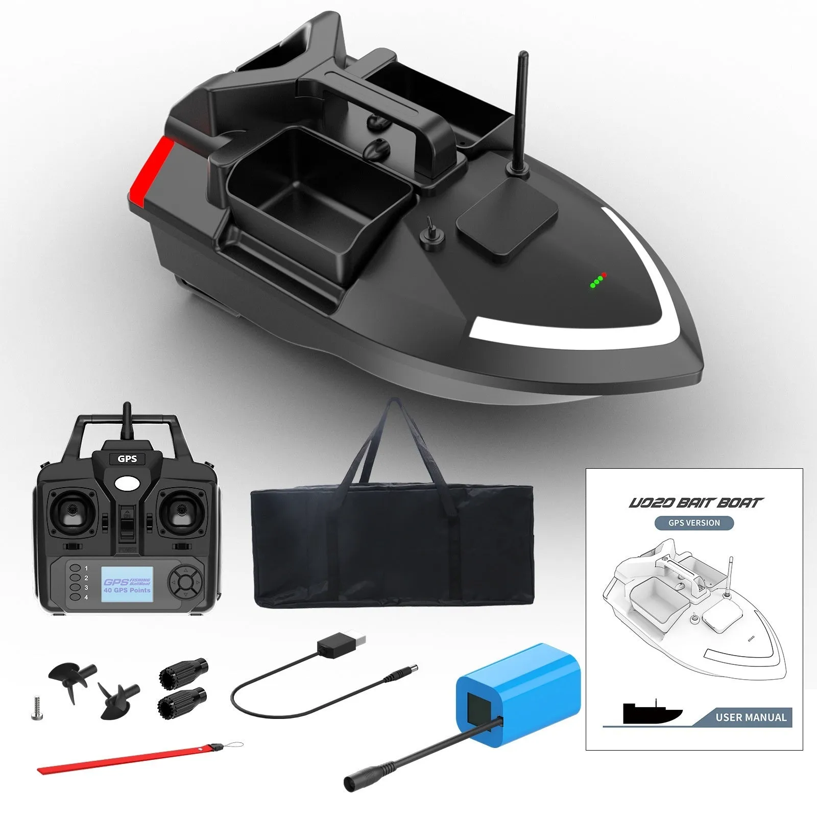 Black GPS remote control fishing boat with antenna on a calm lake