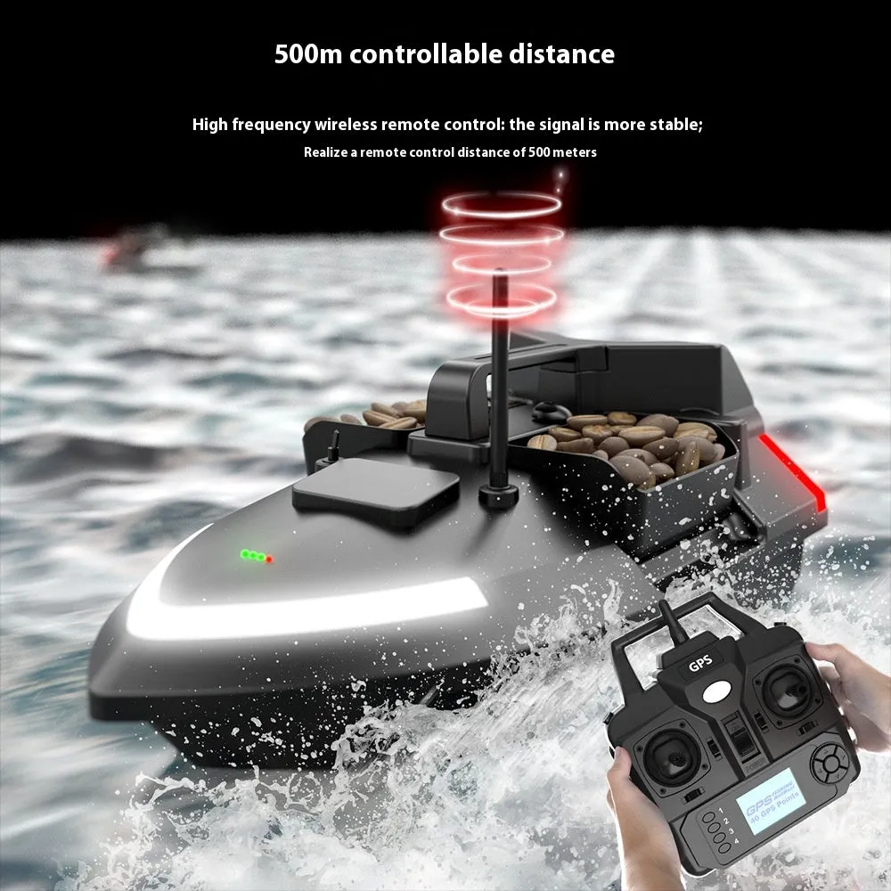 Black GPS remote control fishing boat with antenna on a calm lake