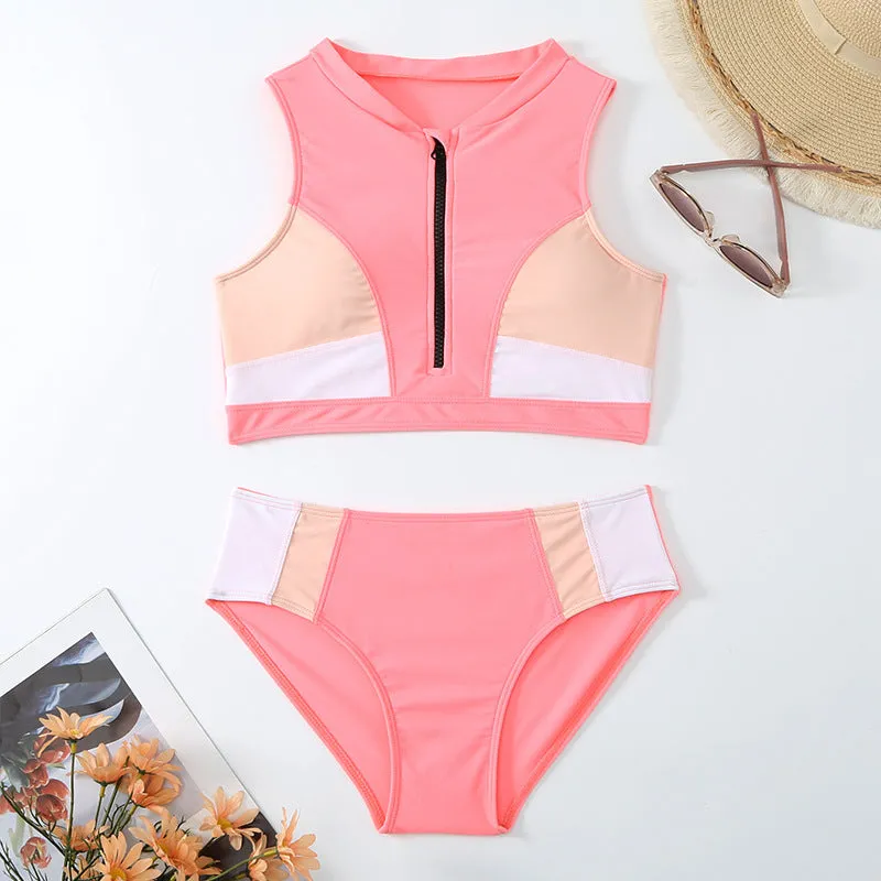 Pink high waisted bikini swimsuit with brief style and split cut design