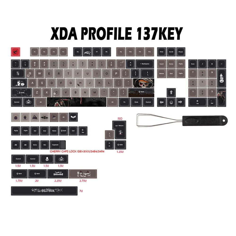 Five-sided sublimation PBT key cap set with Halloween theme in US layout showing 137 keys