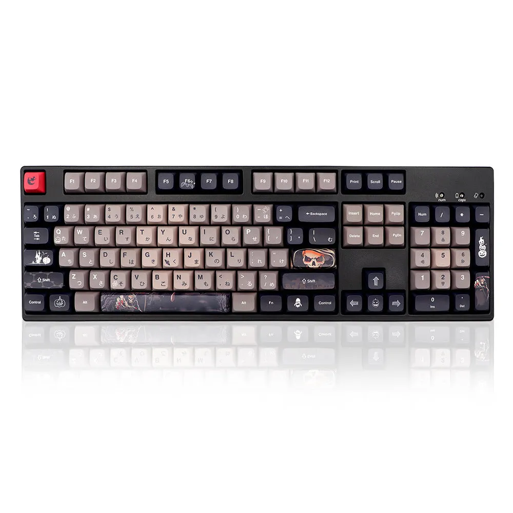Five-sided sublimation PBT key cap set with Halloween theme in US layout showing 137 keys