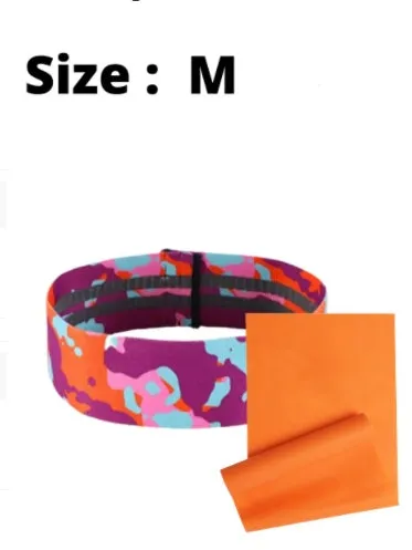 Anti-slip camouflage resistance band in polyester cotton blend, available in S, M, and L sizes, colours Blue, Grey, and Orange