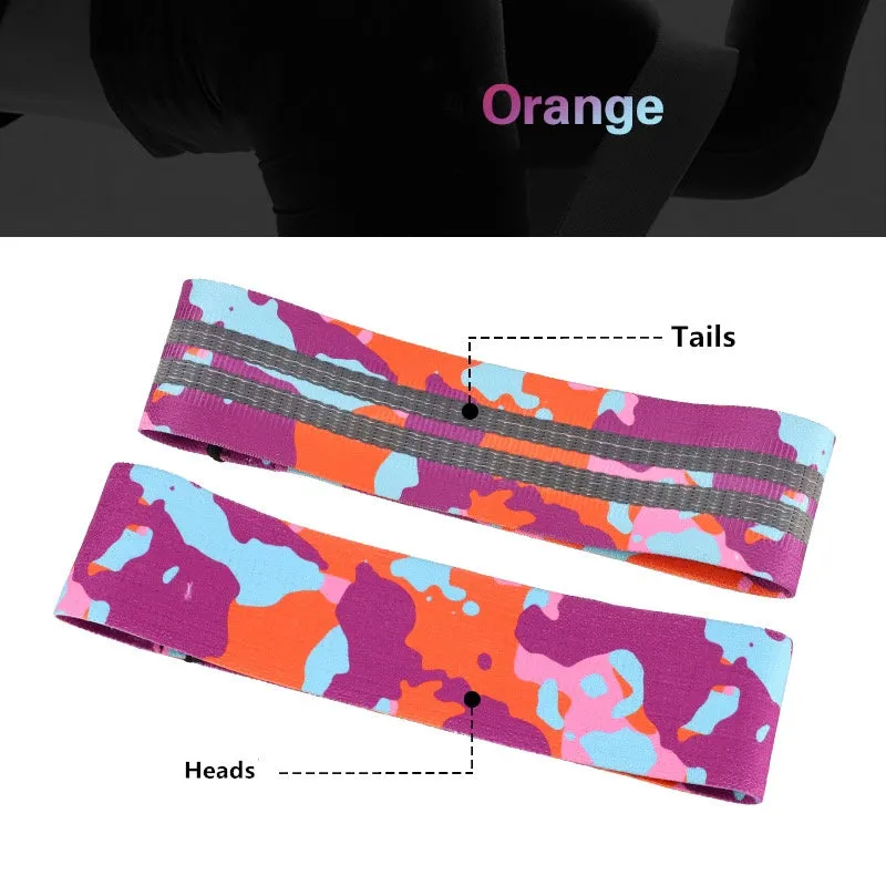 Anti-slip camouflage resistance band in polyester cotton blend, available in S, M, and L sizes, colours Blue, Grey, and Orange