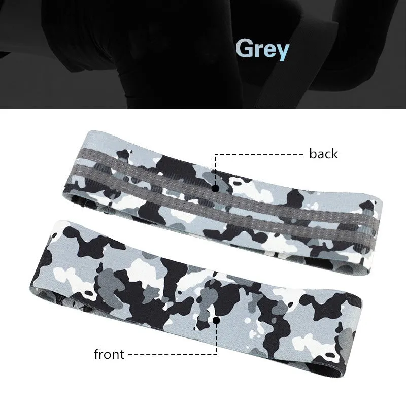 Anti-slip camouflage resistance band in polyester cotton blend, available in S, M, and L sizes, colours Blue, Grey, and Orange
