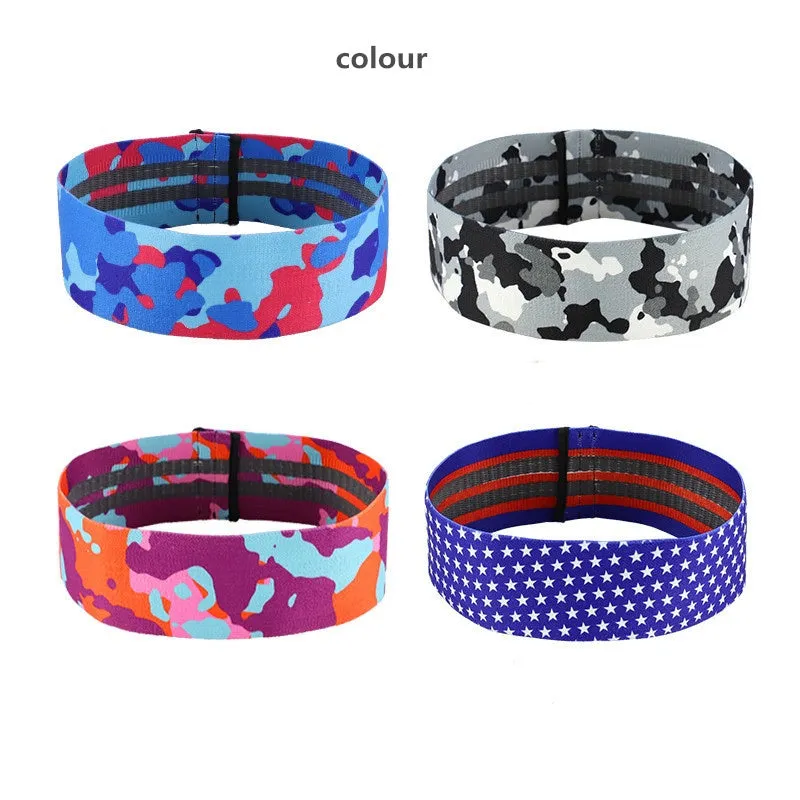 Anti-slip camouflage resistance band in polyester cotton blend, available in S, M, and L sizes, colours Blue, Grey, and Orange