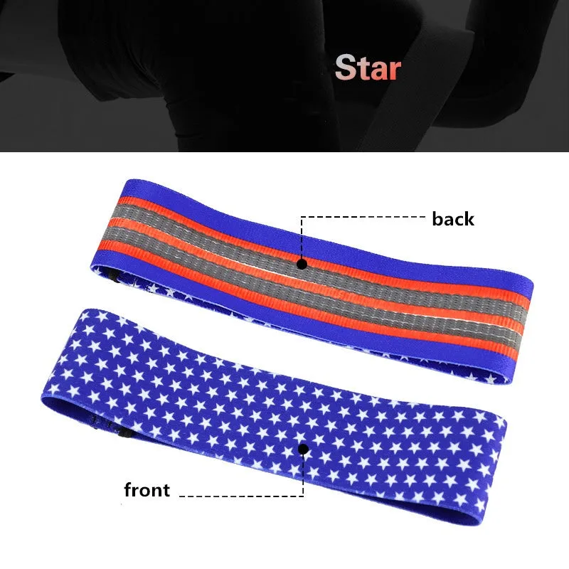 Anti-slip camouflage resistance band in polyester cotton blend, available in S, M, and L sizes, colours Blue, Grey, and Orange
