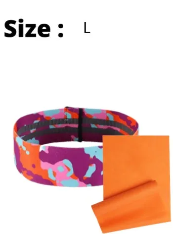 Anti-slip camouflage resistance band in polyester cotton blend, available in S, M, and L sizes, colours Blue, Grey, and Orange