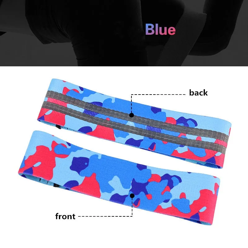 Anti-slip camouflage resistance band in polyester cotton blend, available in S, M, and L sizes, colours Blue, Grey, and Orange