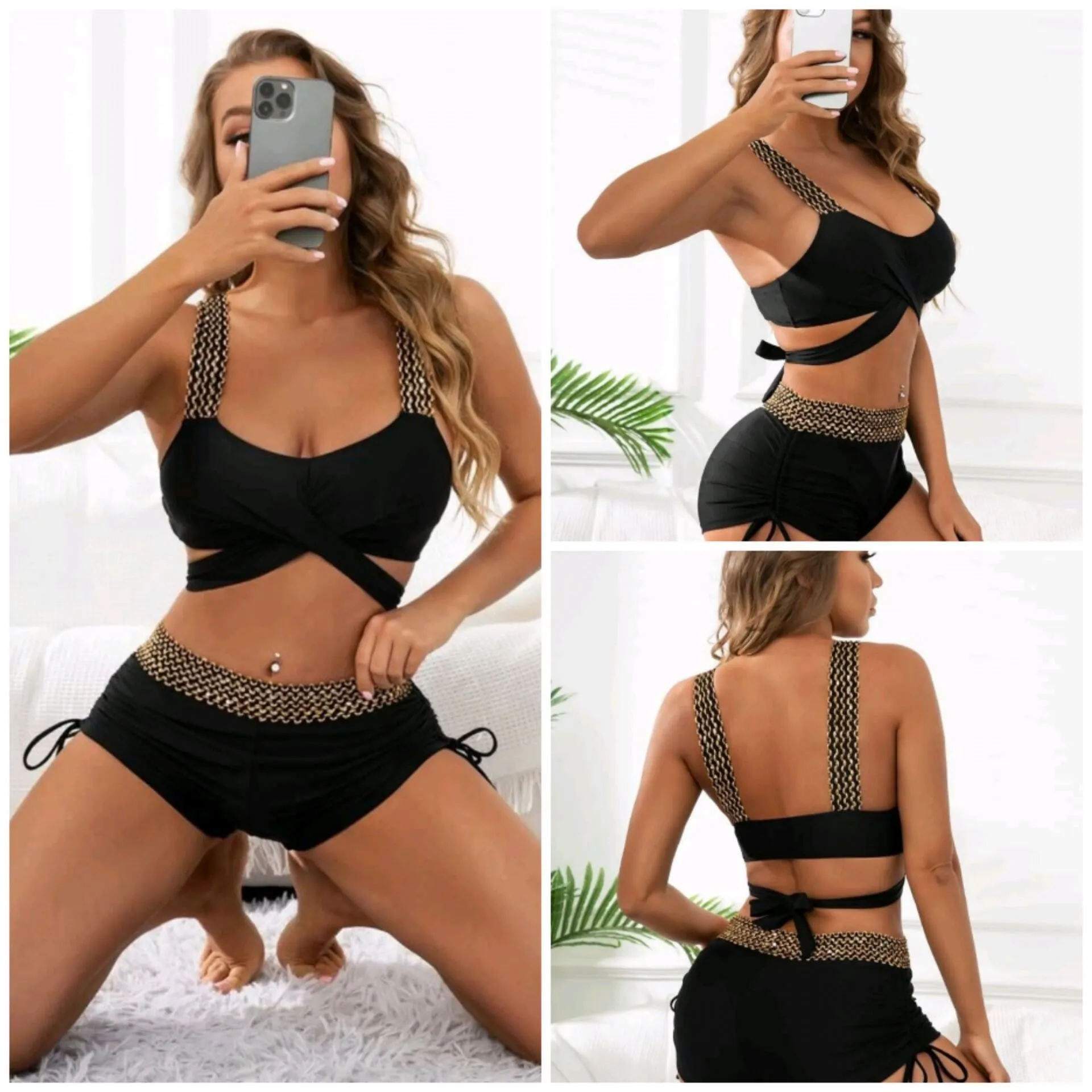 Women's black high waist bikini set with nylon bra top and high waist shorts