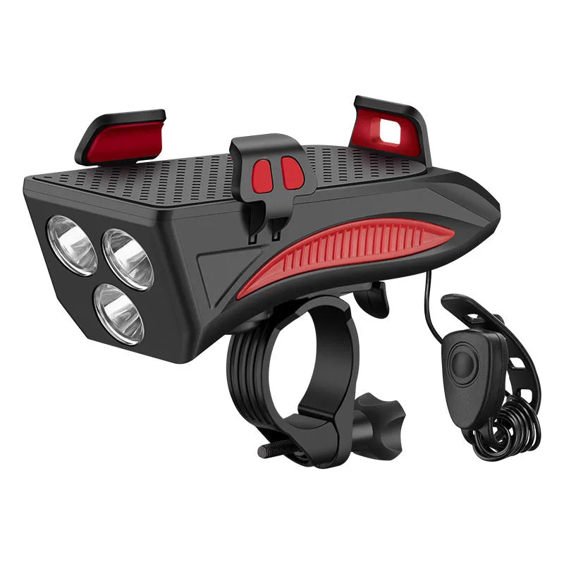 Black 4 in 1 cycling phone holder and front light with 4000mAh battery, mounted on handlebar