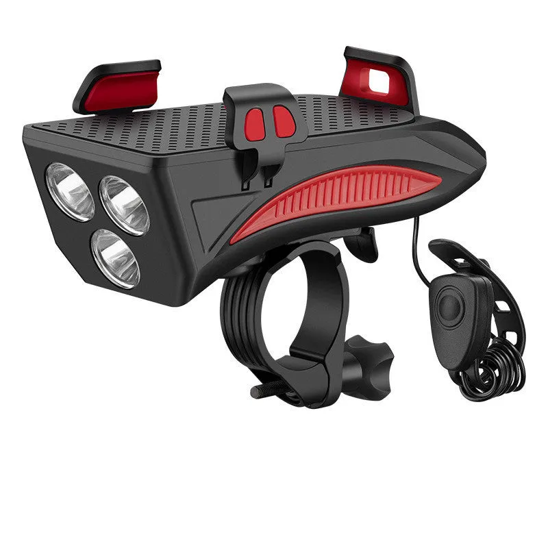 Black 4 in 1 cycling phone holder and front light with 4000mAh battery, mounted on handlebar