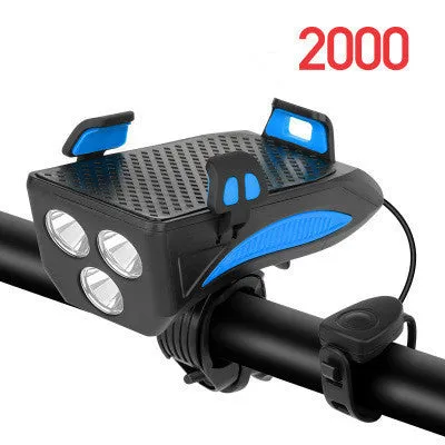 Black 4 in 1 cycling phone holder and front light with 4000mAh battery, mounted on handlebar