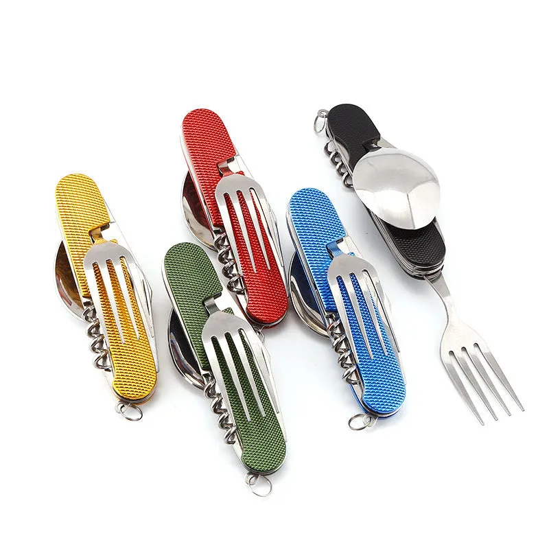 Outdoor portable gift knife stainless steel multifunctional foldable camping cutlery set with spoon fork and knife