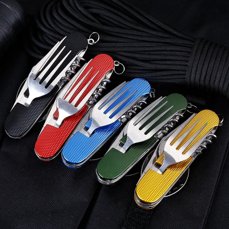 Outdoor portable gift knife stainless steel multifunctional foldable camping cutlery set with spoon fork and knife